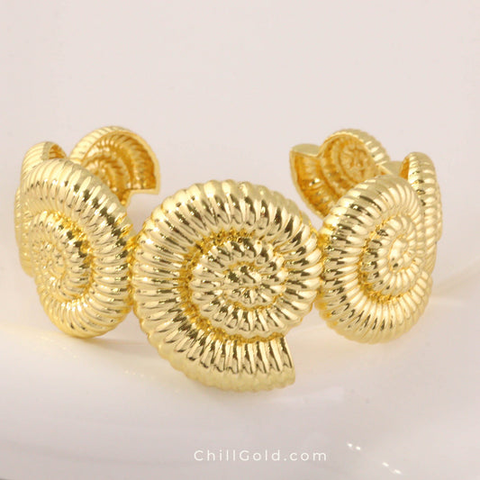 Real 18K Gold Plated Nautilus Shell Open Cuff Bangle
