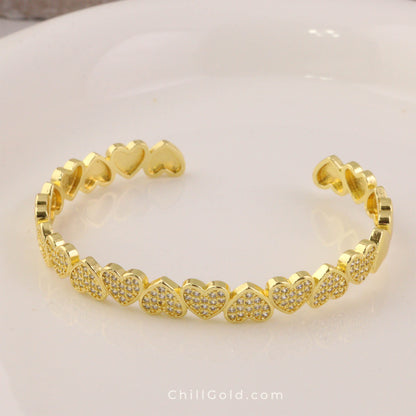 Sparkling Heart Cubic Zirconia Cuff Bangle