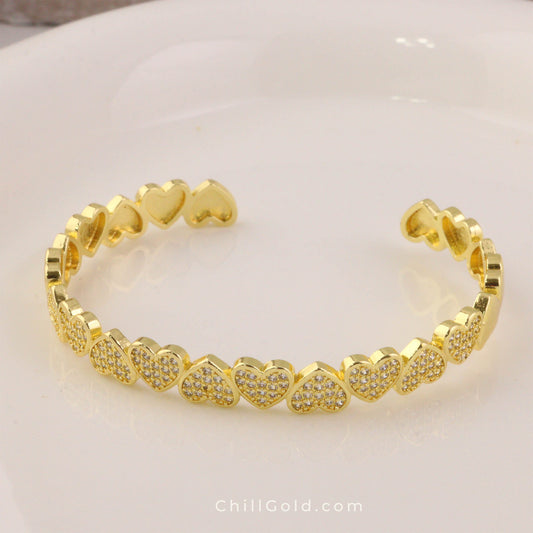Sparkling Heart Cubic Zirconia Cuff Bangle