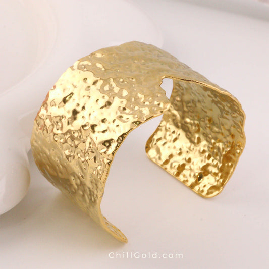 18K Gold Plated Wide Hammered Cuff Bangle