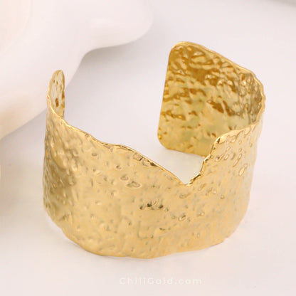 18K Gold Plated Wide Hammered Cuff Bangle