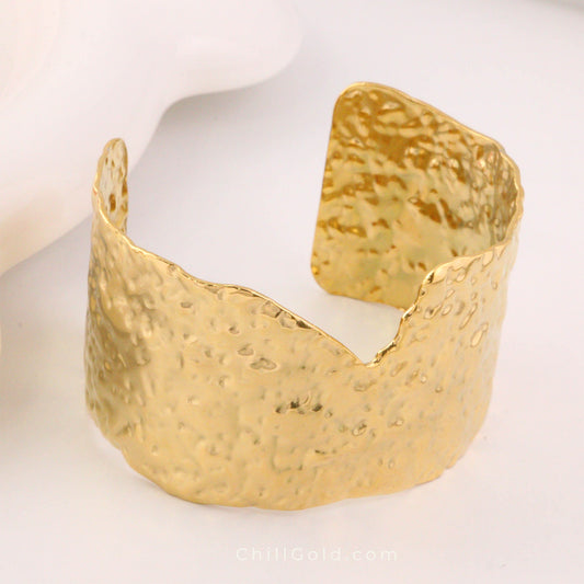 18K Gold Plated Wide Hammered Cuff Bangle