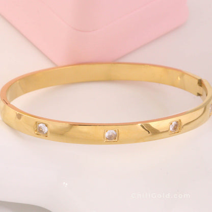 Zircon Beaded Open Bangle | Thick Gold Plated Vintage Bangle