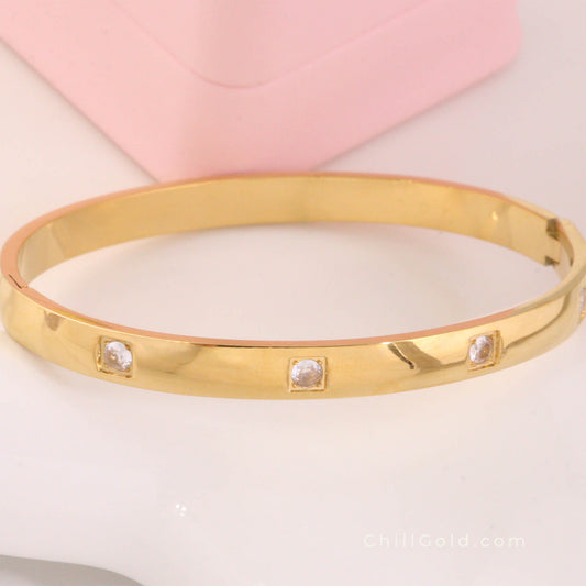 Zircon Beaded Open Bangle | Thick Gold Plated Vintage Bangle