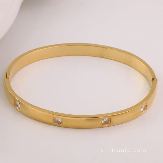 Zircon Beaded Open Bangle | Thick Gold Plated Vintage Bangle