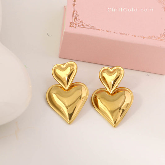 18K Gold Plated Double Heart Drop Earrings