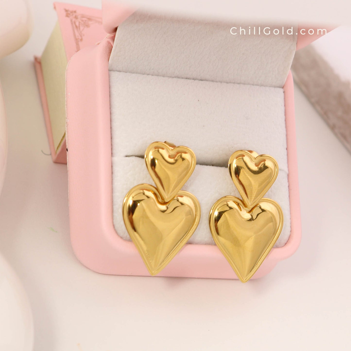 18K Gold Plated Double Heart Drop Earrings