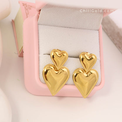 18K Gold Plated Double Heart Drop Earrings