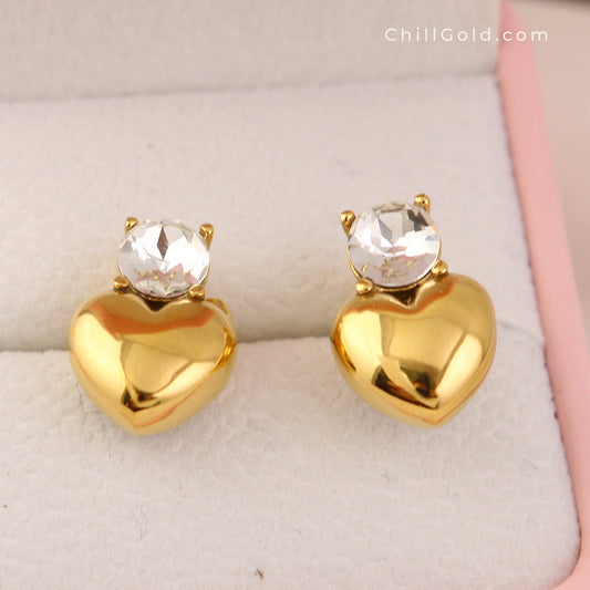 18K Gold Plated White Rhinestone Heart Drop Earrings