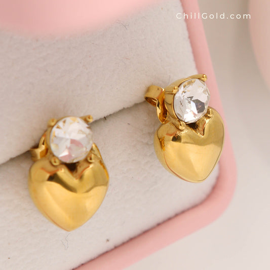 18K Gold Plated White Rhinestone Heart Drop Earrings