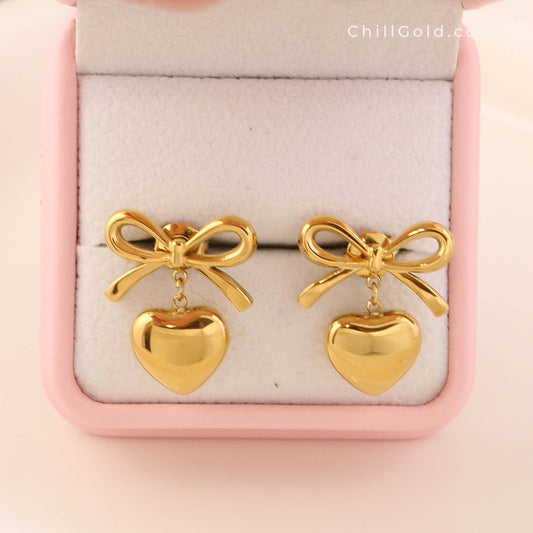 18K Gold Plated Bow & Heart Drop Earrings