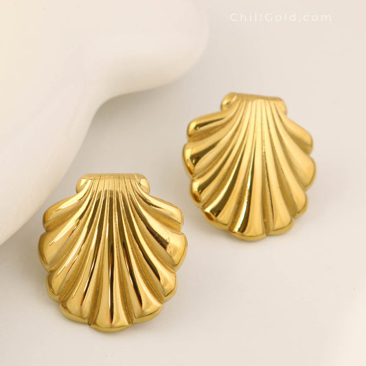 Gold Plated Polished Seashell Stud Earrings