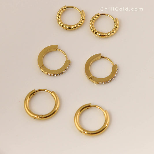 3 Pairs 18K Gold Plated Hoop Earring Set with Zirconia & Plain Designs