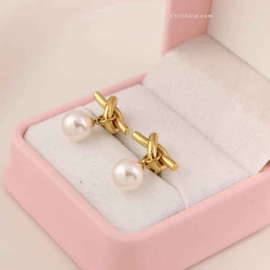 18K Gold Plated French Knot & Simulated Gray Pearl Stud Earrings