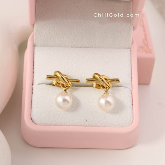 18K Gold Plated French Knot & Simulated Gray Pearl Stud Earrings