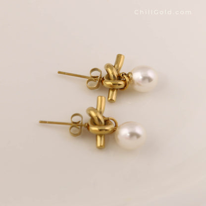 18K Gold Plated French Knot & Simulated Gray Pearl Stud Earrings