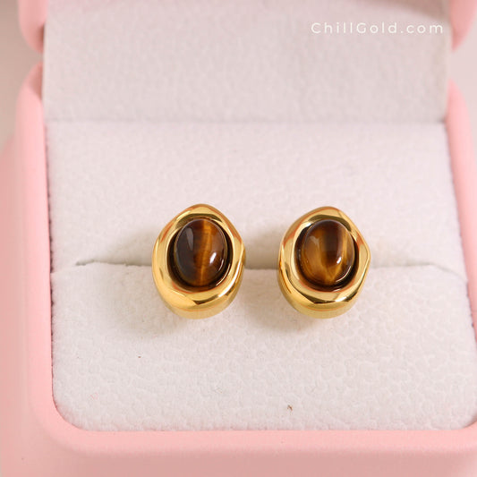 Natural Tiger Eye Coffee Bean Stud Earrings