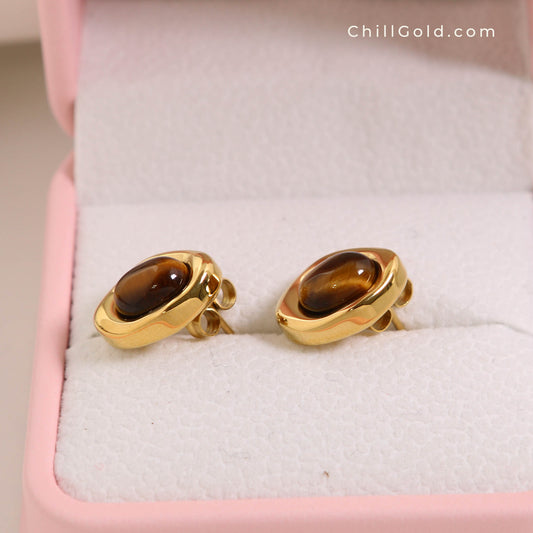 Natural Tiger Eye Coffee Bean Stud Earrings