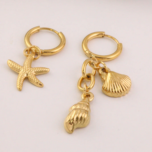 Ocean-Inspired Starfish & Shell Dangle Earrings | Asymmetrical Stainless Steel Jewelry