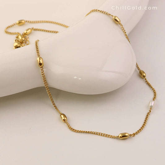 Freshwater Pearl & Gold Bead Necklace