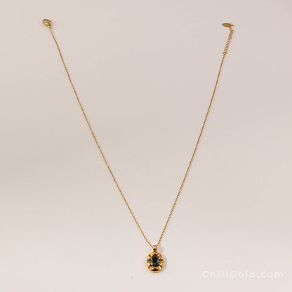 French Vintage 18K Gold Plated Black Zircon Oval Pendant Necklace