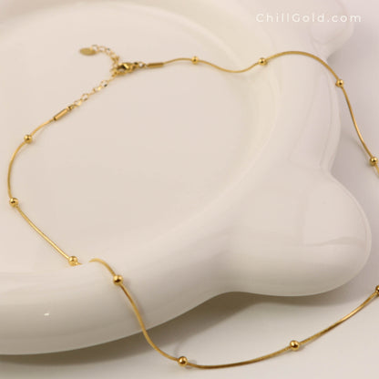 18K Gold Plated Snake Bone Chain Necklace with Beaded Accents