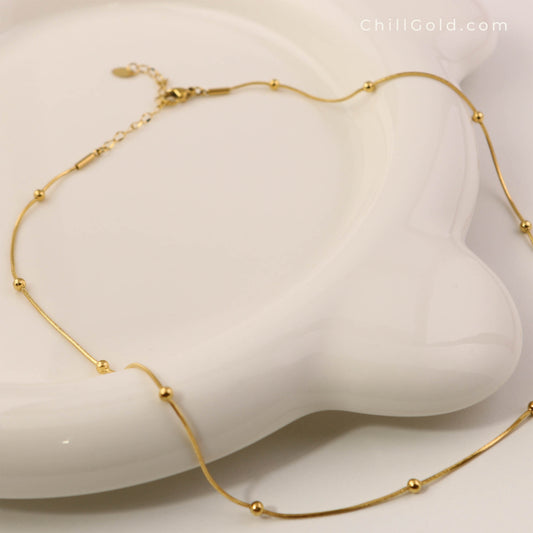 18K Gold Plated Snake Bone Chain Necklace with Beaded Accents