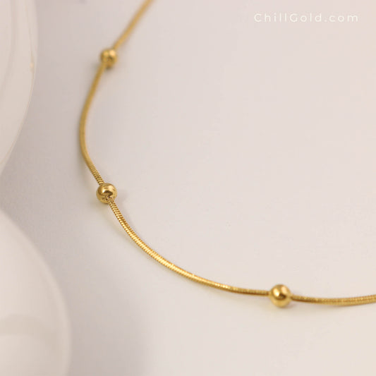 18K Gold Plated Snake Bone Chain Necklace with Beaded Accents
