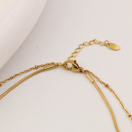 18K Gold Plated Double Layer Snake Bone & Beaded Chain Necklace