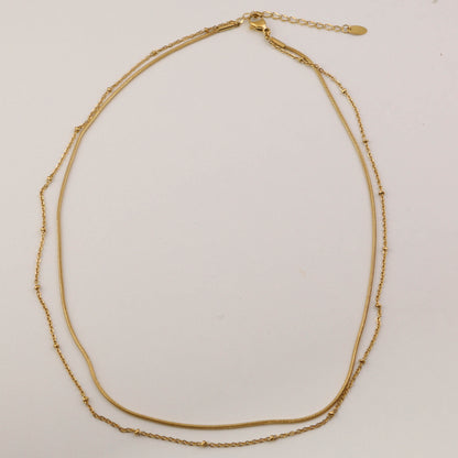 18K Gold Plated Double Layer Snake Bone & Beaded Chain Necklace