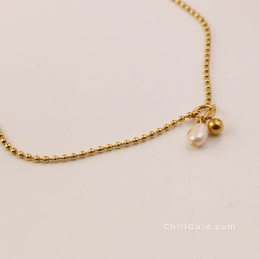 18K Gold Plated Stainless Steel Freshwater Pearl T-Bar Necklace