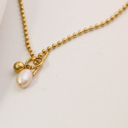 18K Gold Plated Stainless Steel Freshwater Pearl T-Bar Necklace