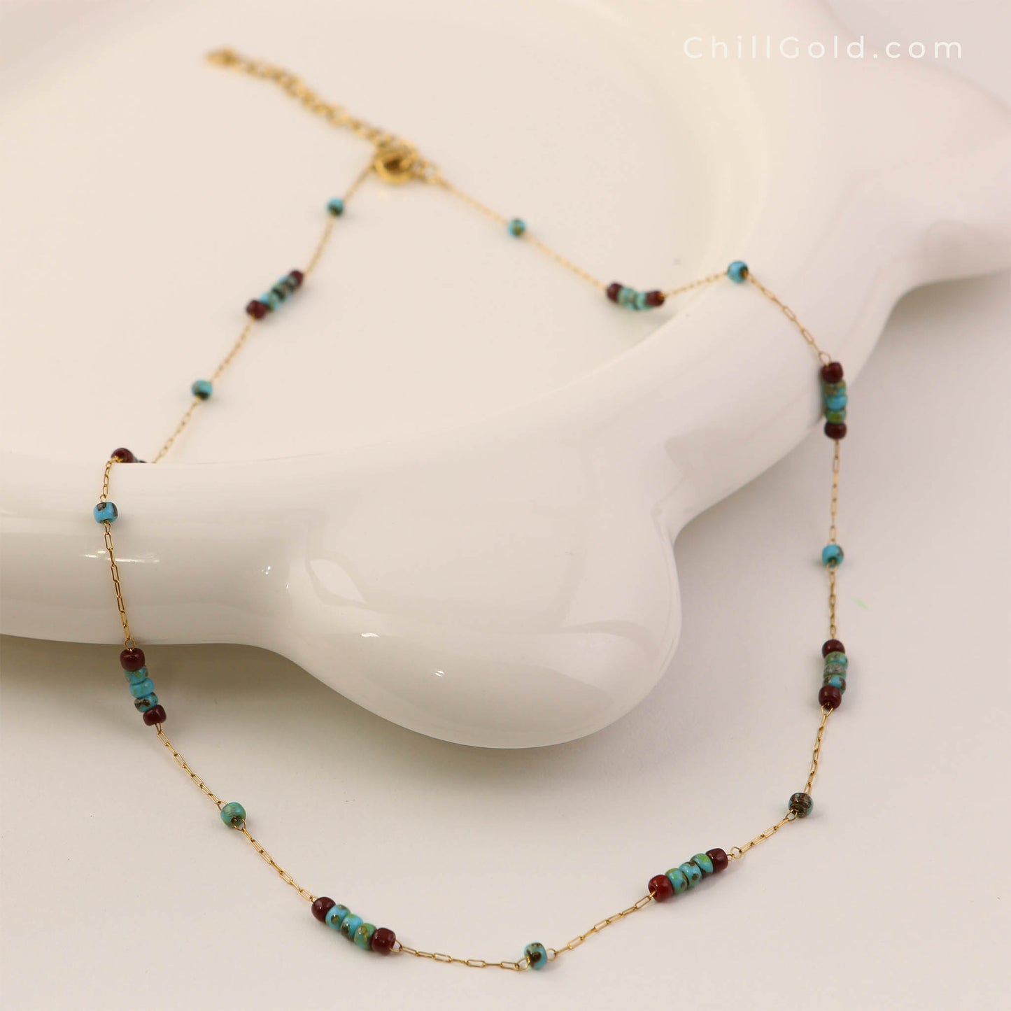 Vintage Inspired Turquoise & Burgundy Glass Beaded Necklace