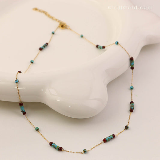 Vintage Inspired Turquoise & Burgundy Glass Beaded Necklace