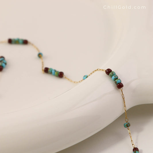Vintage Inspired Turquoise & Burgundy Glass Beaded Necklace