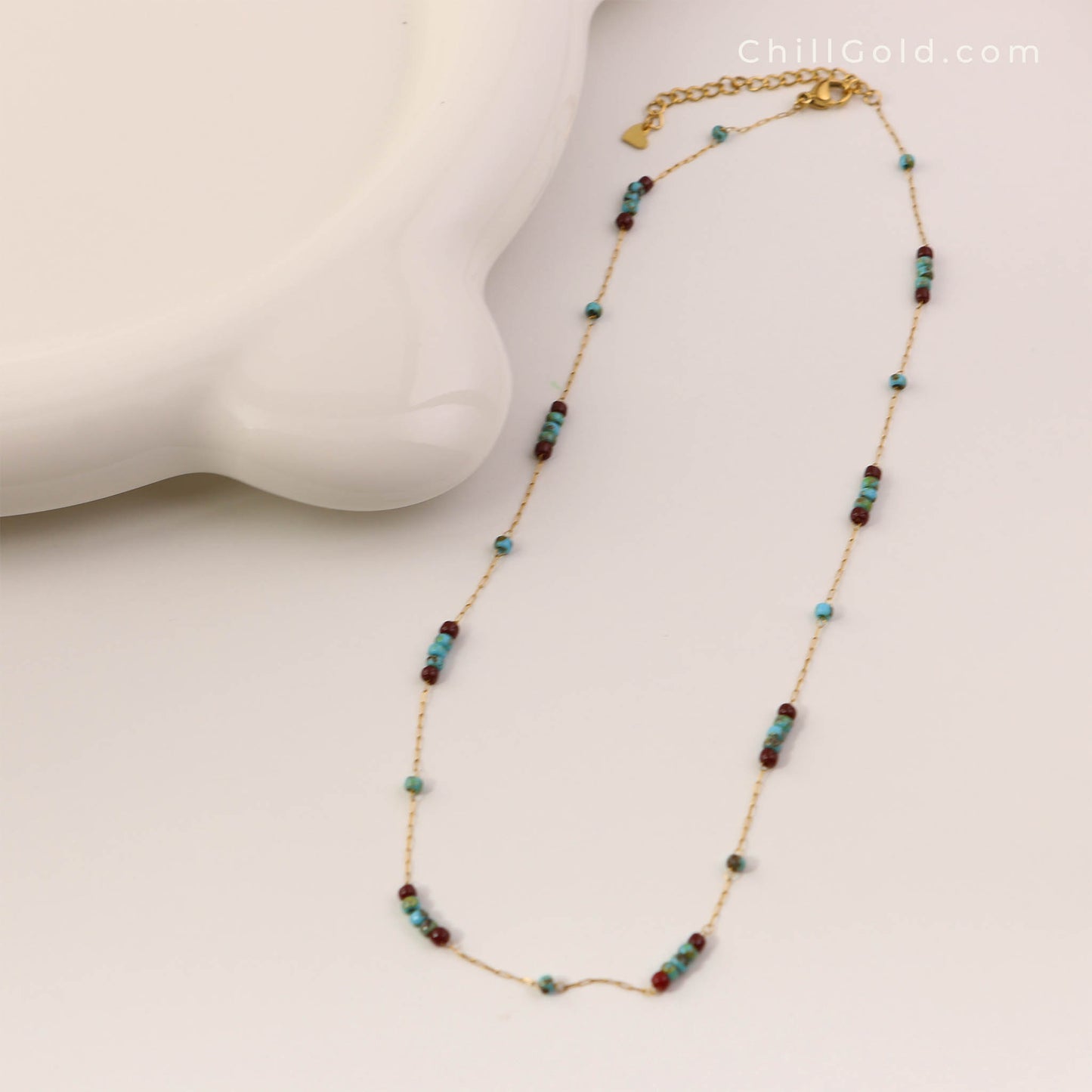 Vintage Inspired Turquoise & Burgundy Glass Beaded Necklace