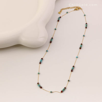 Vintage Inspired Turquoise & Burgundy Glass Beaded Necklace