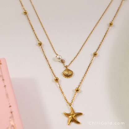 18K Gold Plated Double Layer Starfish & Shell Vacation Choker Necklace
