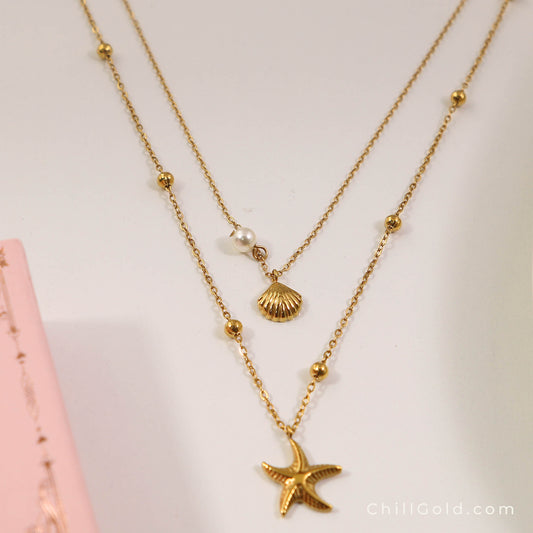 18K Gold Plated Double Layer Starfish & Shell Vacation Choker Necklace