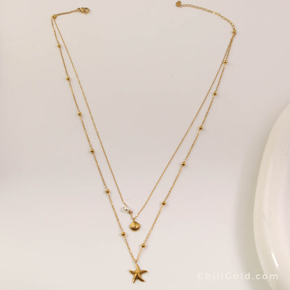 18K Gold Plated Double Layer Starfish & Shell Vacation Choker Necklace