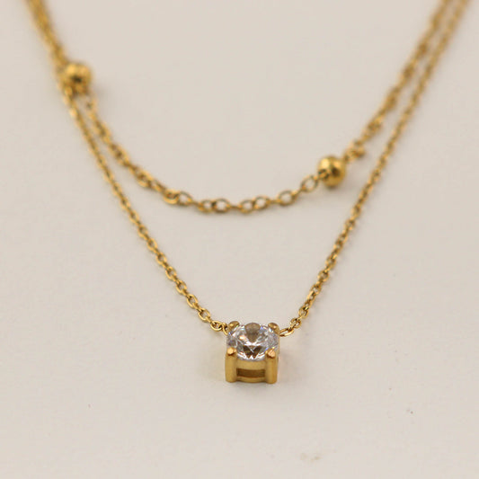 Delicate Layered Solitaire & Gold Bead Necklace