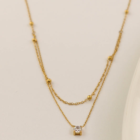 Delicate Layered Solitaire & Gold Bead Necklace