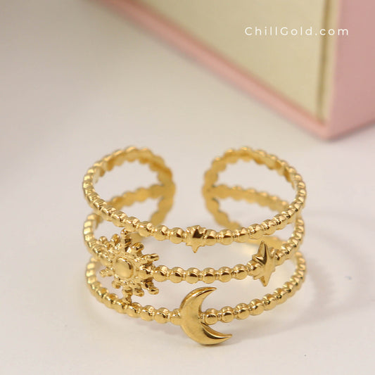 18K Gold Plated Celestial Stack Adjustable Ring