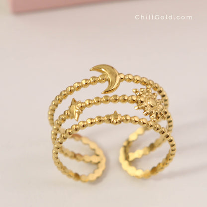 18K Gold Plated Celestial Stack Adjustable Ring
