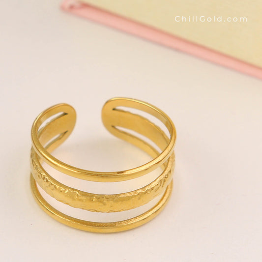 18K Gold Plated Multi-Band Textured Adjustable Ring