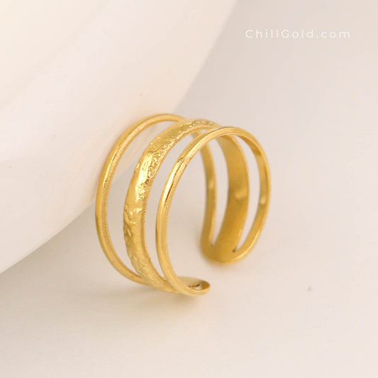 18K Gold Plated Multi-Band Textured Adjustable Ring