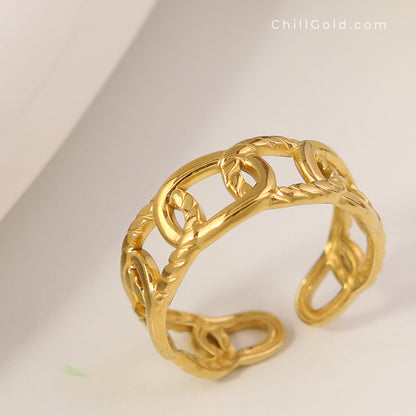 18K Gold Plated Open Chain Link Adjustable Ring