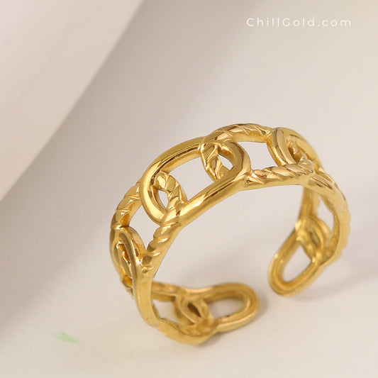 18K Gold Plated Open Chain Link Adjustable Ring
