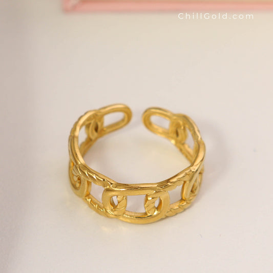 18K Gold Plated Open Chain Link Adjustable Ring
